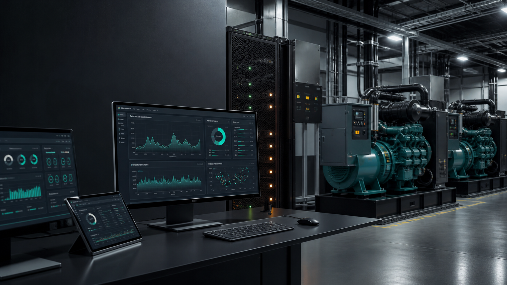 Sala técnica com geradores industriais e telas de telemetria